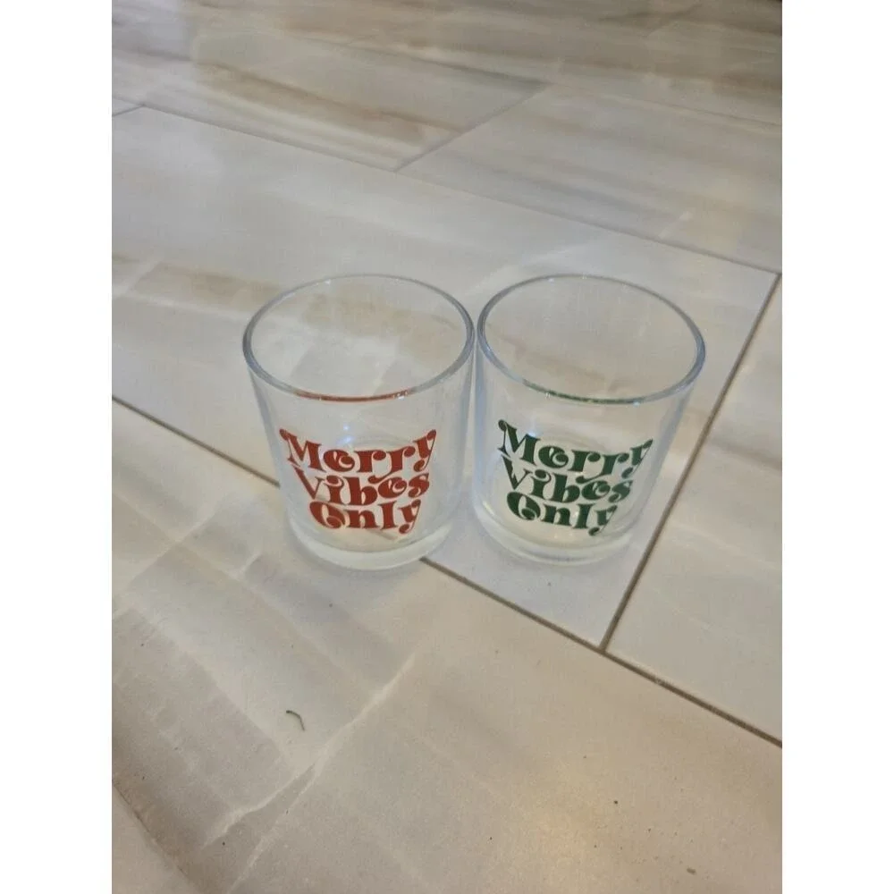 Set of 2 MERRY VIBES ONLY‎ Christmas Lowball Glass Tumblers 10.25 oz. Each